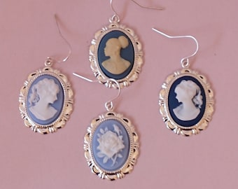 Wedgewood Blue Dangle Earrings in Silver Plated Settings; African and White Silhouette Cameos & Floral Cameo Earrings; Boho Chic Earrings