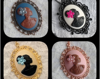 Afrikanische Silhouette Cameo Statement Halskette in Antik Kupfer, Schwarz Messing, Gelbgold oder Rosegold Einstellungen; Großer Viktorianischer Kamee Anhänger