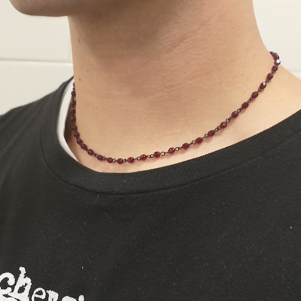 Dark Academia Garnet Red Rosary Choker with BLACK BRASS and Glass Beads Size L/XL;  Romance and Mystery Necklace; Y2K Choker