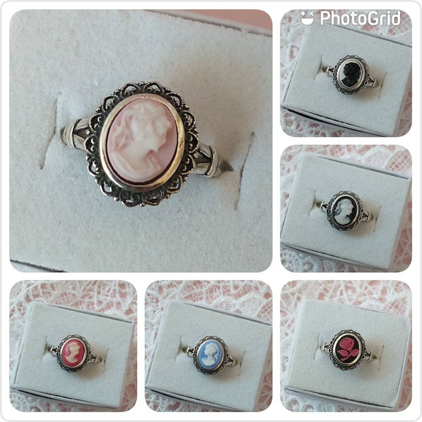 Petite Adjustable Cameo Ring; Light Academia Cameo Ring Plated with Thai Sterling Silver Available in a Variety of Colours