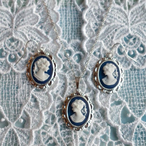 Silhouette Cameo Earrings and Necklace Set in Silver Plated Settings; Boho Chic / Victorian Jewelry Set with Navy Blue Cameos