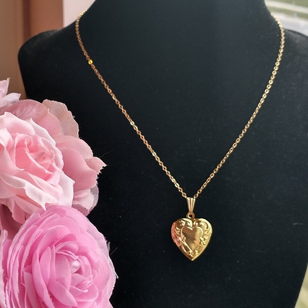 Engraved Heart Shaped Locket; Small Boho Chic Gold Toned or Rose Gold Locket; Similar to Barbie's Gold Heart Necklace