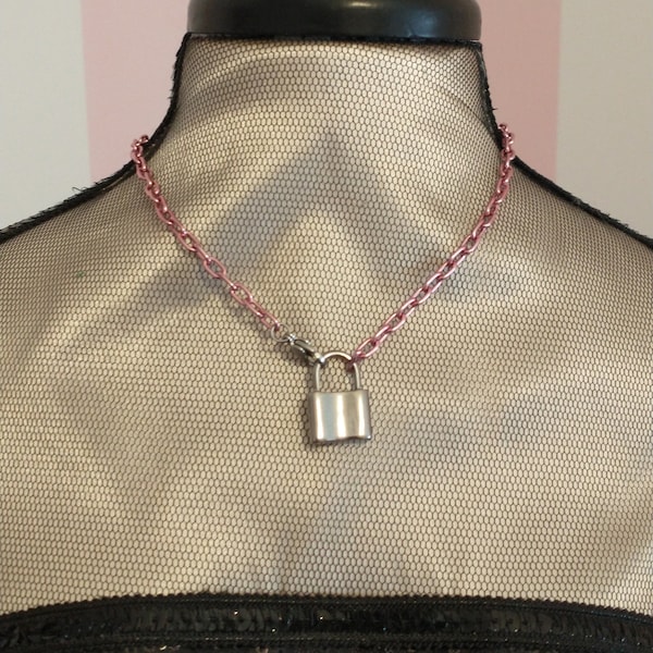 Large Sized Choker with Pink Alloy Chain & Stainless Steel Padlock Charm for Her, Him and Them; Oversize Choker