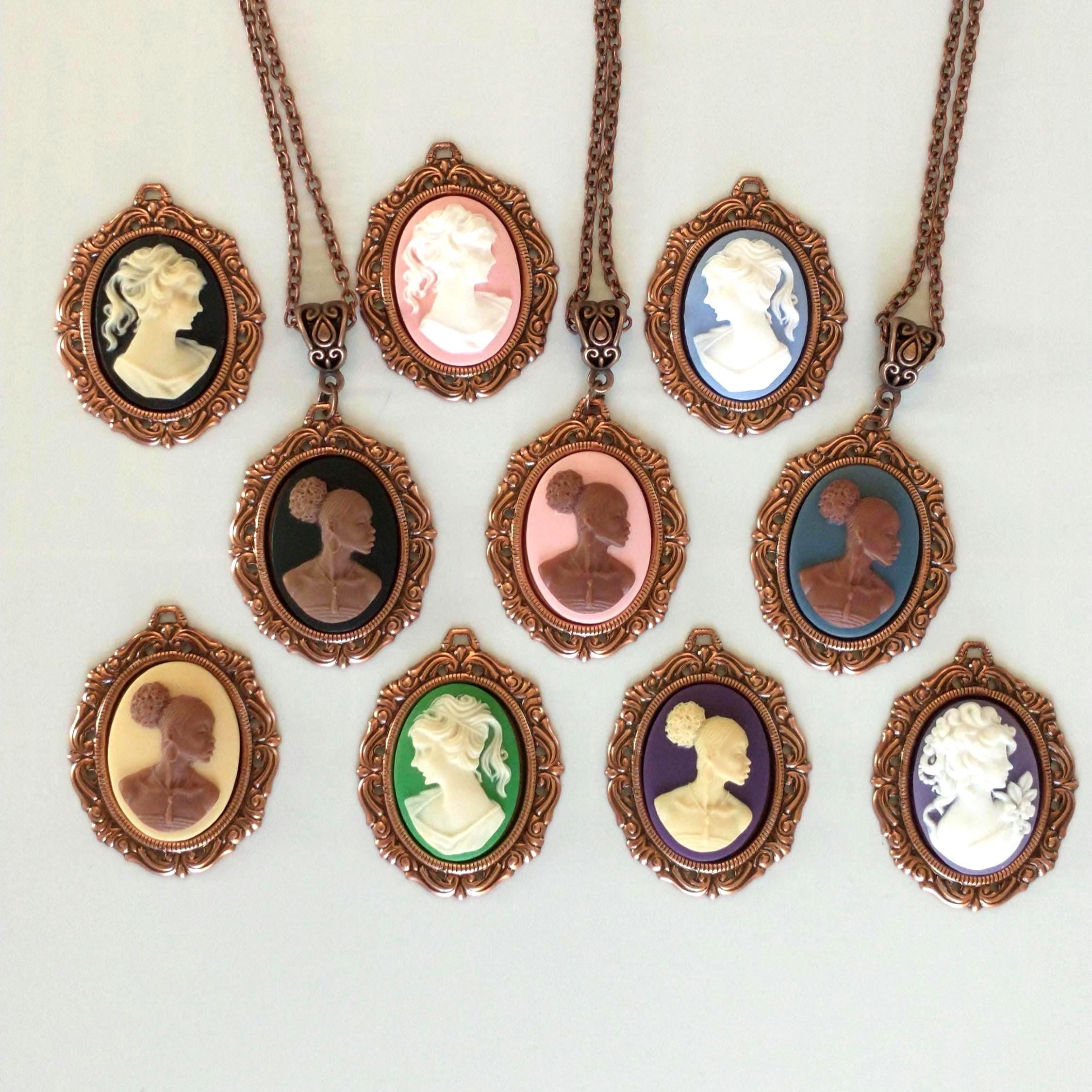 Coquette Cameo Necklaces in Antique Copper Settings with African & White Silhouette Cameos; Wedgewood Blue Cameo Jewelry