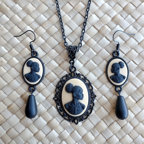 African Silhouette Cameo Jewelry Set in Black and Cream; Boho Chic Earrings, Necklace with Optional Bracelet in Black Brass