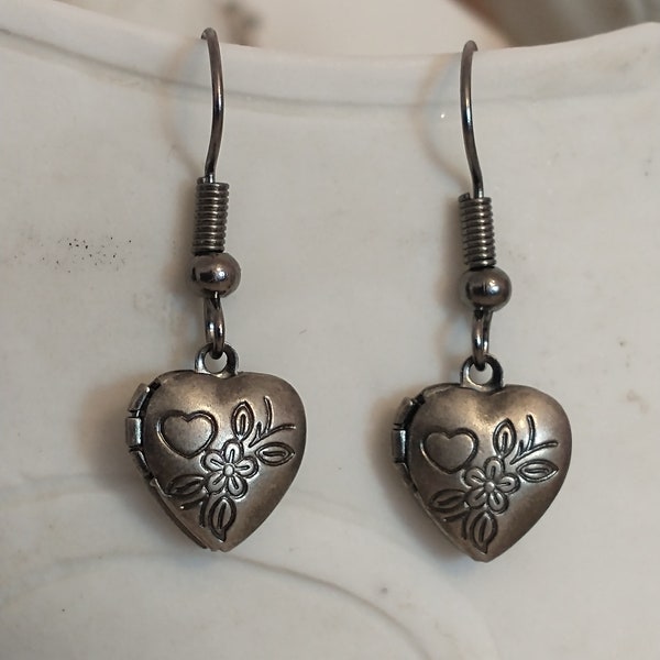 Mini Heart Locket Earrings in Antique Silver; Victorian Engraved Locket Dangle Earrings; Cottage Chic Teeny Tiny Heart Locket Charms