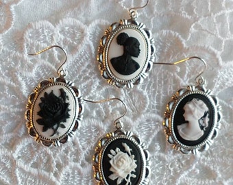 Victorian, Black and White Cameo Earrings in Silver Plated Settings; Boho Chic Floral, African and White Silhouette Cameo Dangle Earrings