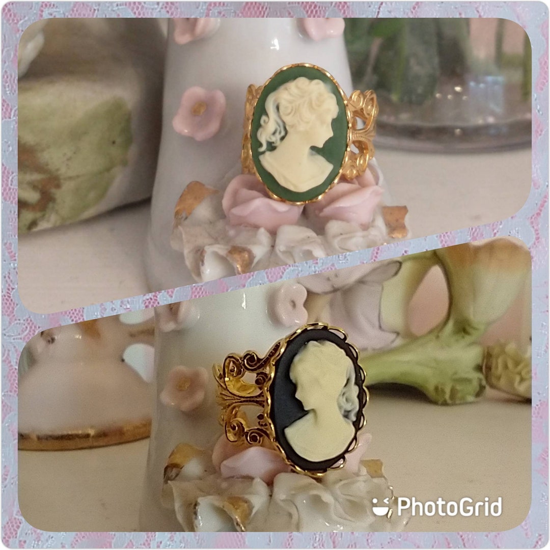 Cottagecore Filigree Ring With African or White Silhouette Cameos; Gold ...