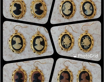 Dark Academia Cameo Earrings with Golden Settings in Ivory, Black and Brown; Choice of African, White Silhouette or Floral Cameos