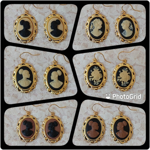 Dark Academia Cameo Earrings with Golden Settings in Ivory, Black and Brown; Choice of African, White Silhouette or Floral Cameos