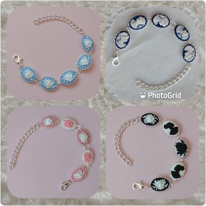 Silver Plated Cameo Bracelets; Boho Chic Bracelets; Merrie Miss Inspired Bracelets; Floral, African, White Silhouette Cameo Link bracelets