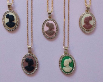 African Silhouette Cameo Necklaces in Gold Plated Settings; Cottage Chic Oval Pendant Necklaces with CZ Embellished Settings; 6 Colours