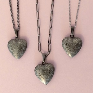 Antique Silver Heart Shape Locket; Small, Lightweight Engraved Locket Necklace on a Silver-Ox or Stainless Steel Chain; Coquette Locket