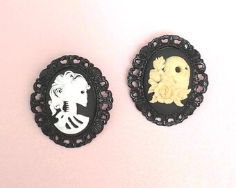 Whimsigoth Cameo Pendants in Black Brass Settings; Halloween Jewelry; Skull Brooch Pins; Optional Black Chain; Skeleton Necklace or Broach