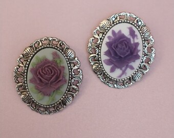 Purple & Plum Rose Victorian Style Broach Pins; Cottagecore Rose Cameo Pendant Brooch in Antique Silver Settings