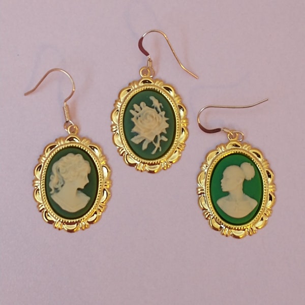 Light Academia Gold Tone Earrings with Floral, African and White Silhouette Cameos in Green; Cottagecore Cameo Earrings