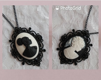 Cameo Statement Necklace in Black Setting; Oversize, Cottage-core Black & White Pendant Necklace with African or White Silhouette Cameos