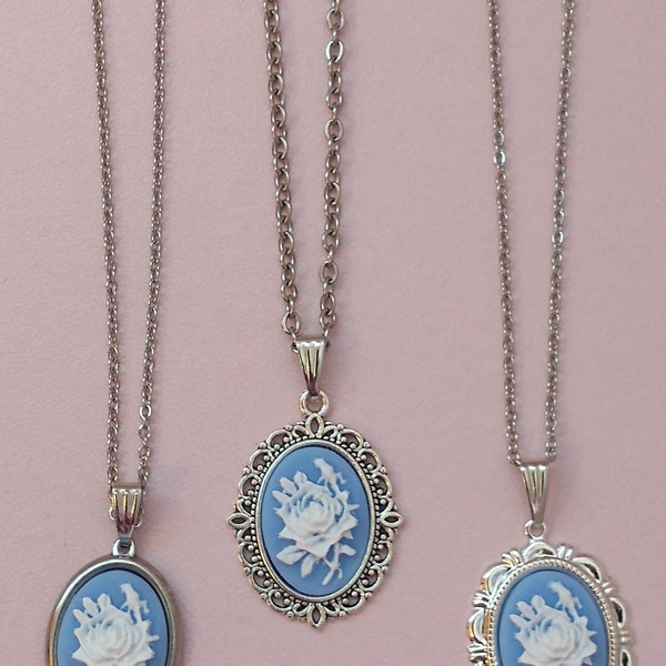 Wedgewood Blue Floral or Silhouette Cameo Necklace; Cottage Core Blue Cameo Necklace on a Stainless Steel Chain; Choice of Finish