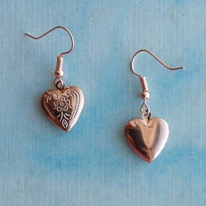 Slightly Flawed Locket Earrings in Rose Gold; Cottagecore Miniature Engraved Heart Jewelry; Victorian Dangle Earrings; Reduced Price