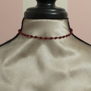 Dark Academia Garnet Red Rosary Choker with BLACK BRASS and Glass Beads; Romance and Mystery Necklace; Y2K Choker