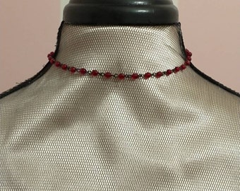 Dark Academia Garnet Red Rosary Choker with BLACK BRASS and Glass Beads; Romance and Mystery Necklace; Y2K Choker