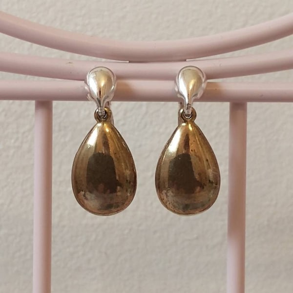 Vintage Duo-Toned Brass Teardrop Clip-on Earrings; Retro Gold Tone with Silver Tone Clip-on Earrings; High Quality Jewelry