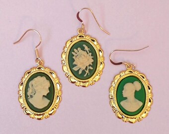 Coquette Cameo Earrings; Gold Tone Earrings with Floral, African and White Silhouette Cameos in Green; Victorian Dangle Earrings
