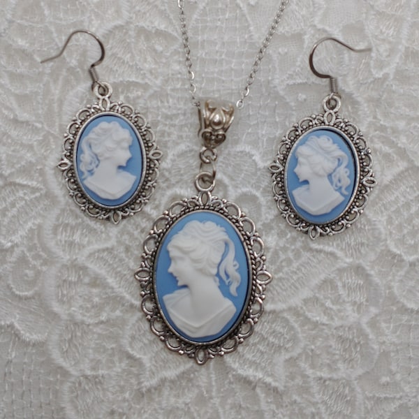 Wedgewood Blue Cameo Jewelry Set in Silver Plated Settings; Boho Chic Cameo Necklace and Earrings Set; Victorian Style Jewelry