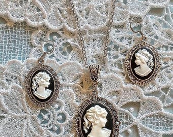 Coquette Necklace & Earrings Set in Antique Silver with African or White Silhouette Cameos; Cottage-core Black and White Cameo Jewelry