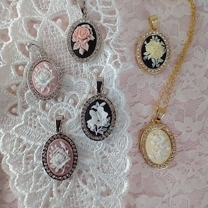 Cottagecore Cameo Pendant Necklaces in a Variety of Colors with Gold and Silver Rhinestone Settings; Cottage Chic Floral Cameo Choker