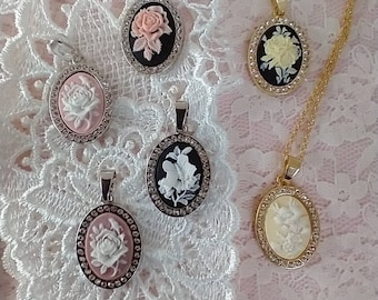 Cottagecore Cameo Pendant Necklaces in a Variety of Colors with Gold and Silver Rhinestone Settings; Cottage Chic Floral Cameo Choker