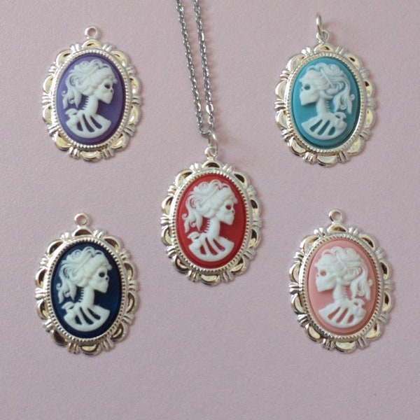 Skeleton Silhouette Cameo Necklace; Victorian Silver & Rose Gold Plated Cameo Choker; Cottagecore Halloween Necklaces; Adams Family Jewels