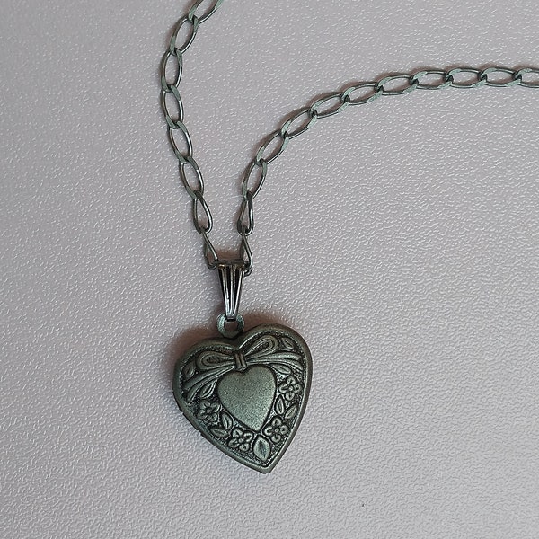 Antique Silver Heart Shape Locket Choker; Petite Engraved Locket Necklace; Lightweight Locket on an Antique Silver Paper-clip Chain