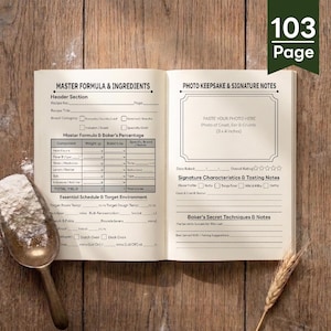 Op de afbeelding: Een open 103-pagina tellend bakkerslogboek met een sectie voor Master Formule & Ingrediënten inclusief tabellen voor gewichten en percentages, en een pagina voor Fotoherinneringen & Notities met ruimte voor een foto van 7,6 x 10,2 cm.