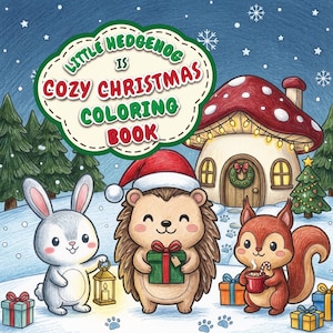 Puede incluir: Una portada de libro para colorear titulada Little Hedgehog Is Cozy Christmas Coloring Book con un erizo con gorro de Navidad, un conejo con linterna y una ardilla con taza en un bosque nevado con una casa seta.