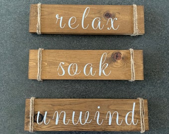 Relax Soak Unwind Wood Sign Set: Rustic Bathroom Decor