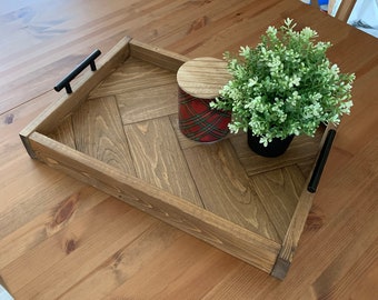 Herringbone Wooden Serving Tray with Handles | Decorative Tray | 19x13 Rectangle