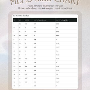 May include: A men's shoe size chart, displaying US, UK, and European sizes, plus heel-to-toe lengths in cm and inches. Sizes range from US 6 to 16. The chart includes a warning about returns. The text reads "MENS SIZE CHART".