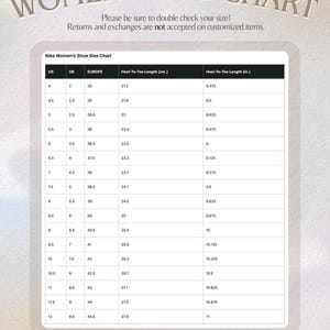 May include: A women's shoe size chart, displaying US, UK, and European sizes, with heel-to-toe measurements in centimetres and inches. Sizes range from US 4 to 12. The chart's heading is "WOMENS SIZE CHART".
