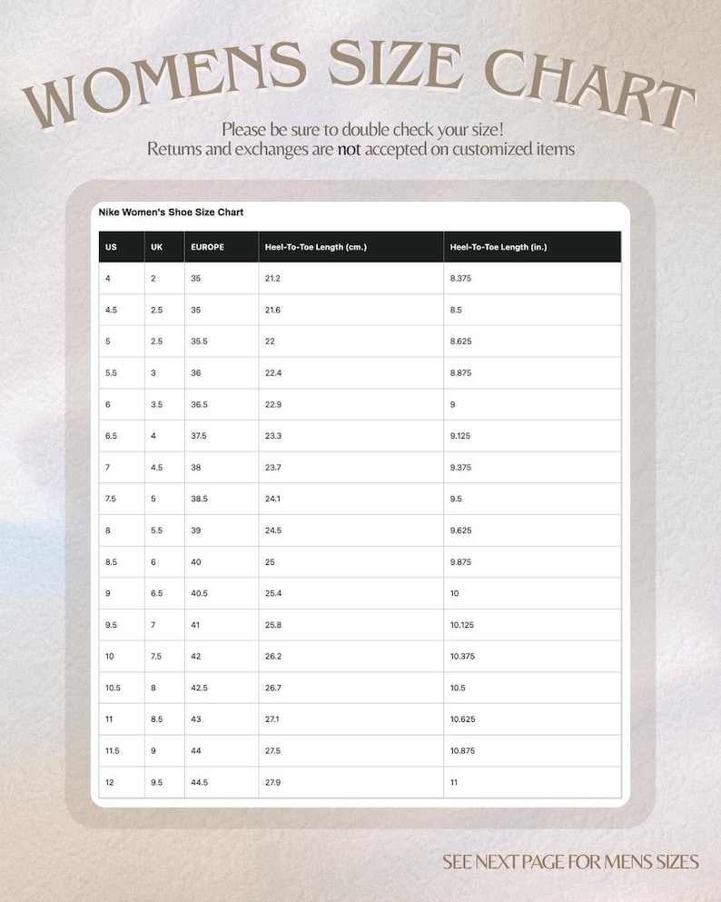 May include: A women's shoe size chart, displaying US, UK, and European sizes, with heel-to-toe measurements in centimetres and inches. Sizes range from US 4 to 12. The chart's heading is "WOMENS SIZE CHART".