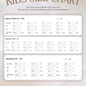 May include: A beige Kids Size Chart with size conversions for baby, toddler, little kids, and big kids. Includes US, UK, and EU sizes, with foot length in inches and centimetres.