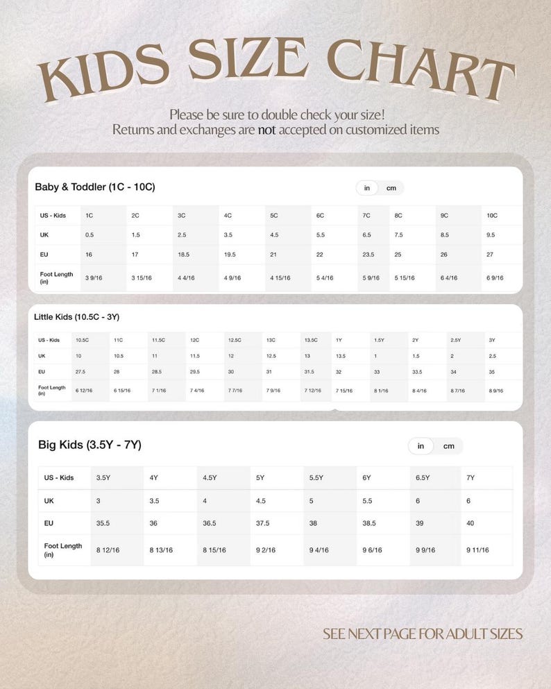 Puede incluir: Tabla de tallas para ni&ntilde;os beige, con conversiones para beb&eacute;s, ni&ntilde;os peque&ntilde;os y ni&ntilde;os grandes. Incluye tallas de EE. UU., Reino Unido y UE, con longitud del pie en cm.