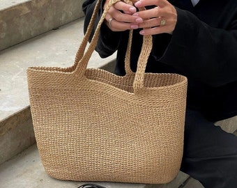 Crochet summer bag, raffia shoulder tote, handwoven large picnic basket, minimalistic beach handbag, woven straw tote