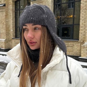 Grey Wool Earflap Hat for Women - Knit Fluffy Trapper Beanie with Ties, Winter Fuzzy Ushanka, Natural Yarn Gift Hat, Après Ski Gift Idea