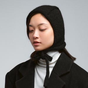 Wool Earflap Bonnet Black Hat for Women - Handmade Winter Ushanka with Ties, Cozy Knit Fluffly Trapper Hat, Seventh Anniversary Wife Gift