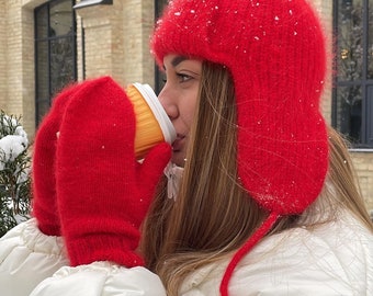 Knitted Red Earflap Trapper Hat, Crochet Chunky Women