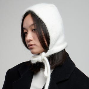 Pure Cashmere White Bonnet, Knitted Warm Women Adult Hood, Crochet Soft Earflap Hat, Chin Bow Tie Hat, Elegant Winter Luxury Holiday Gift