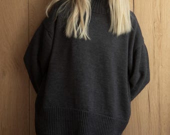 Wollen grijze trui voor dames - gebreide coltrui, gehaakte oversized merinotrui hoge hals en verlaagde schouder, winter verjaardag cadeau cadeau