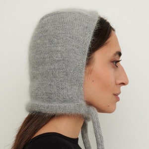 100% Cashmere Bow Tie Bonnet, Adult Woman Earflap Grey Hat, Handknit Winter Chunky Balaclava, Warm Beanie Holiday Gift, Her Winter Present