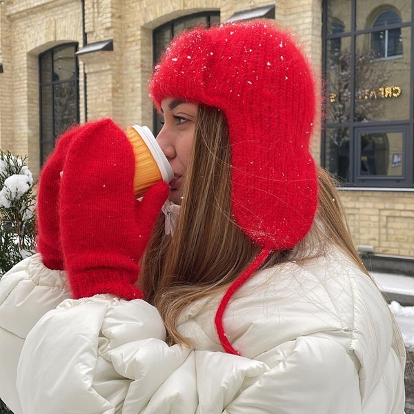 Bonnet rouge chaud tricoté avec cache-oreilles, grosse ushanka tricotée à la main pour femme, bonnet d'hiver en laine de trappeur avec liens, bonnet duveteux en mohair avec rabats